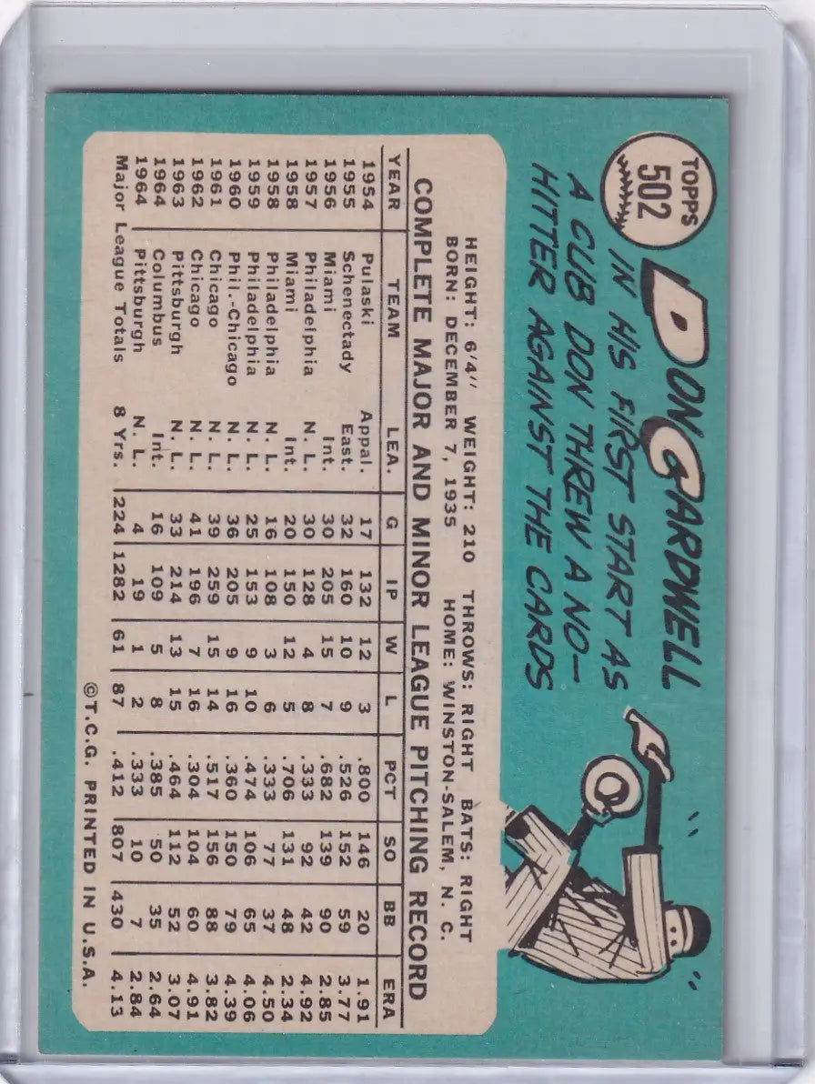 Topps Baseball card #502 of Don Cardwell with statistics and cartoon pitcher illustration