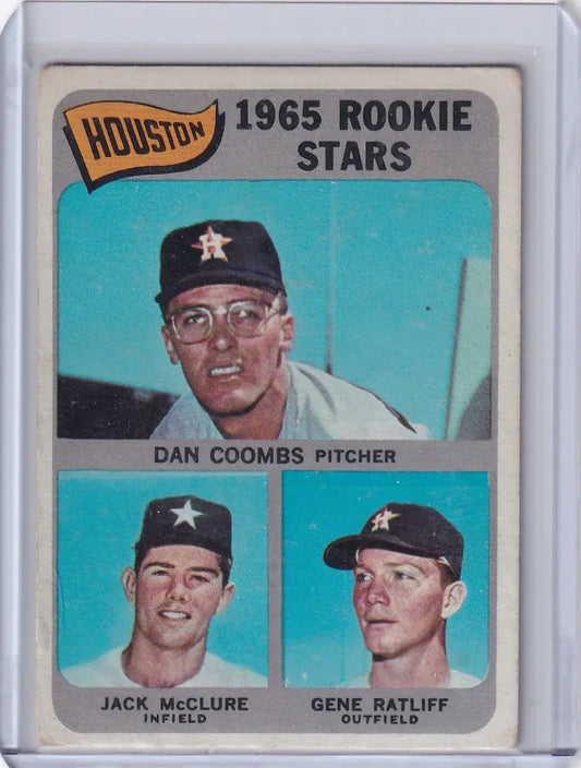 Baseball card showcasing 1965 Topps Baseball Astros Rookies - Coombs, McClure, Ratliff