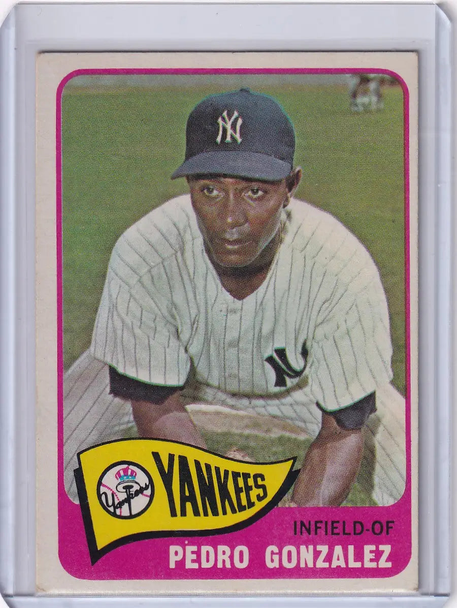 Baseball card of Pedro Gonzalez in pinstriped New York Yankees uniform by Topps Baseball