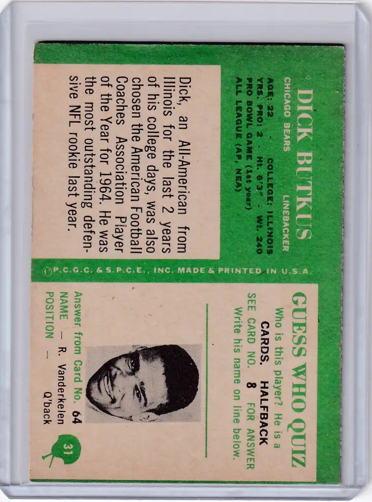 Vintage baseball trading card of Dick Butkus Chicago Bears with player portrait and bio