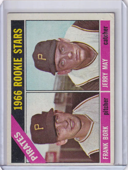 Vintage Topps Baseball card of Pirates Rookies Frank Bork and Jerry May from 1966