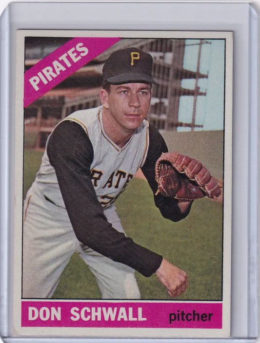 Baseball card of Don Schwall in pitching stance for the Pittsburgh Pirates by Topps Baseball