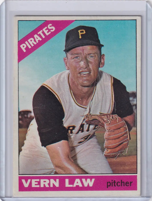 1966 Topps Baseball card of Vern Law, Pittsburgh Pirates pitcher in white and black uniform