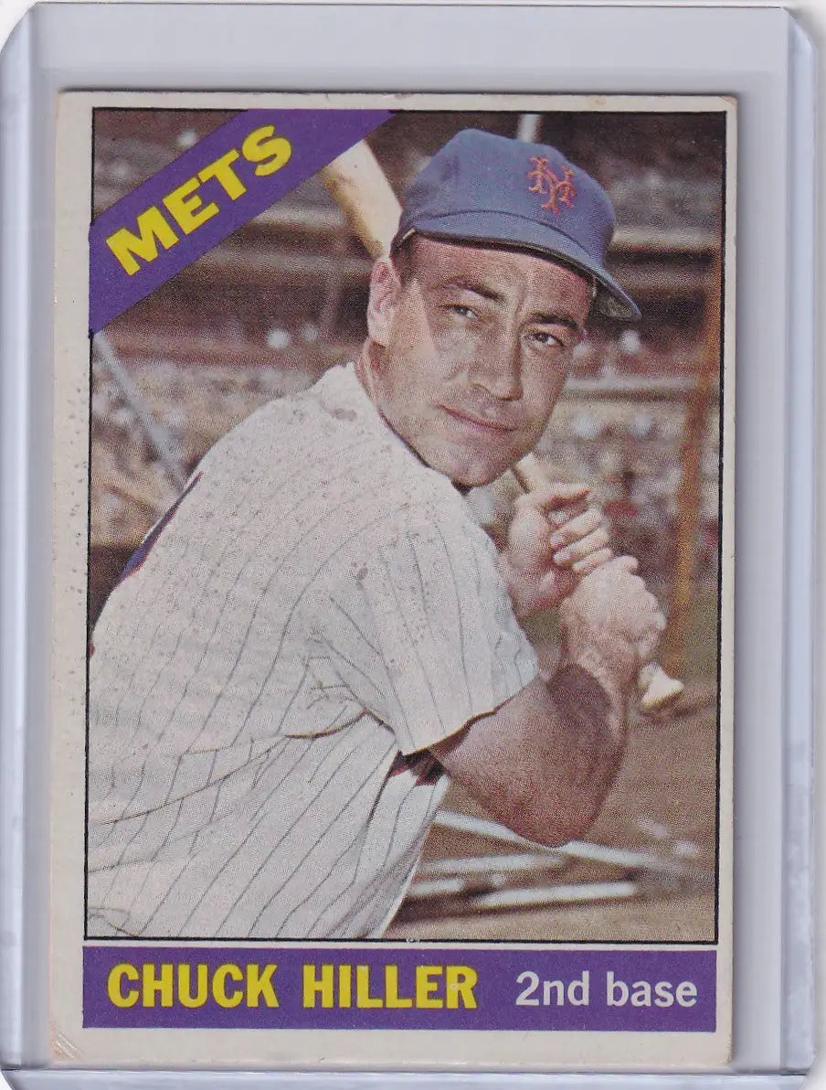 1966 Topps Baseball card of Chuck Hiller in batting stance for New York Mets