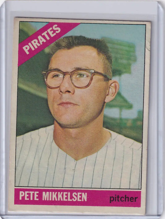 Topps Baseball card of Pete Mikkelsen, Pittsburgh Pirates pitcher in glasses