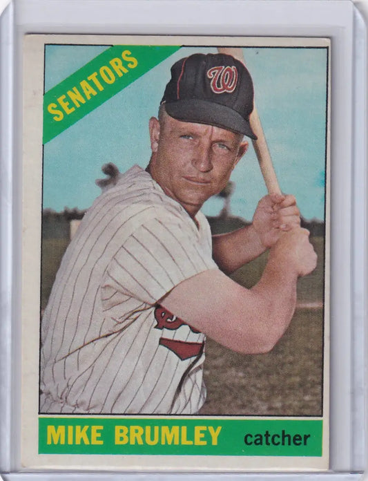 Baseball card of Mike Brumley in Washington Senators uniform from 1966 Topps Baseball