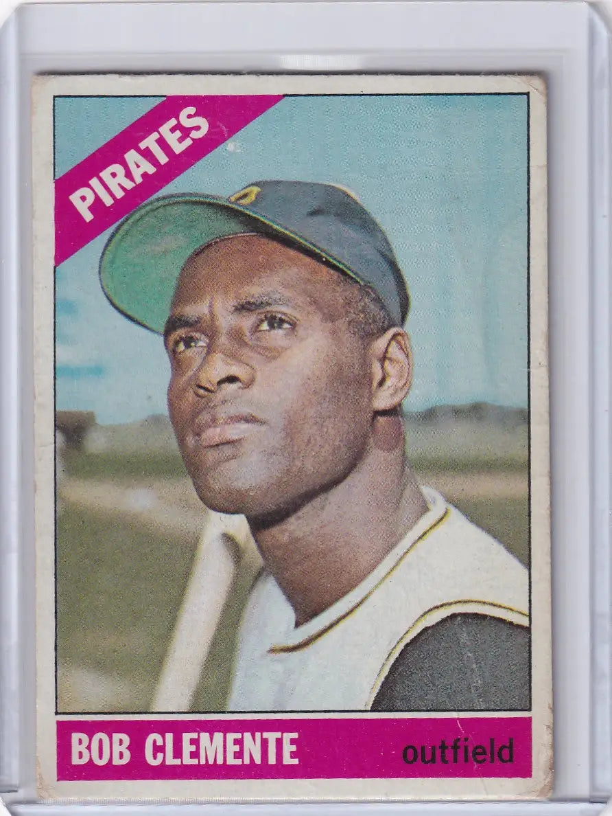 1966 Topps Baseball card of Roberto Clemente, Pittsburgh Pirates outfielder in uniform