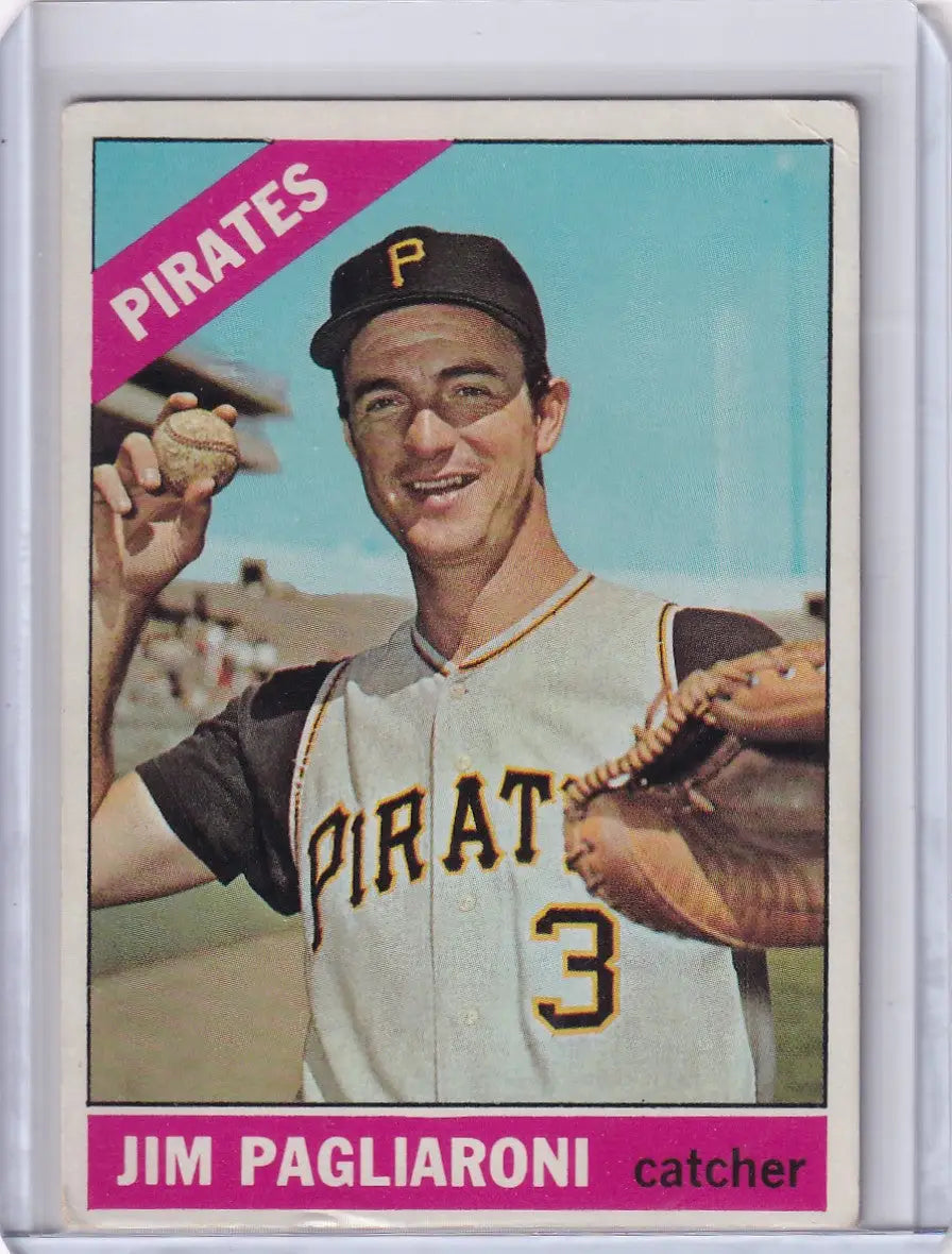 1966 Topps Baseball card of Jim Pagliaroni, Pittsburgh Pirates catcher with baseball