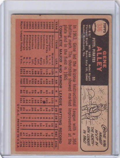 Vintage Topps Baseball card of Gene Alley with player stats and batting sketch