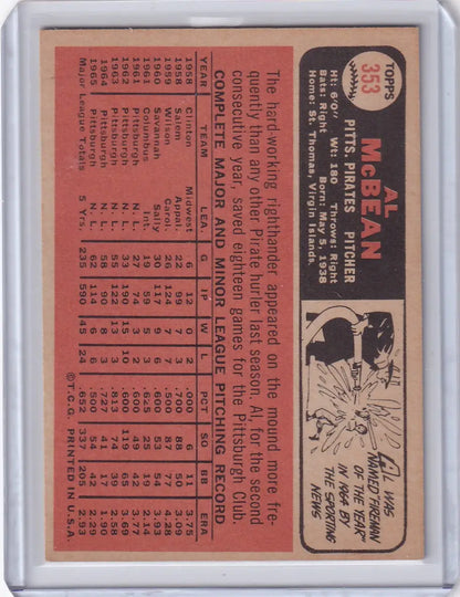 Vintage Topps Baseball card #353 Al McBean featuring Pittsburgh Pirates player stats and cartoon