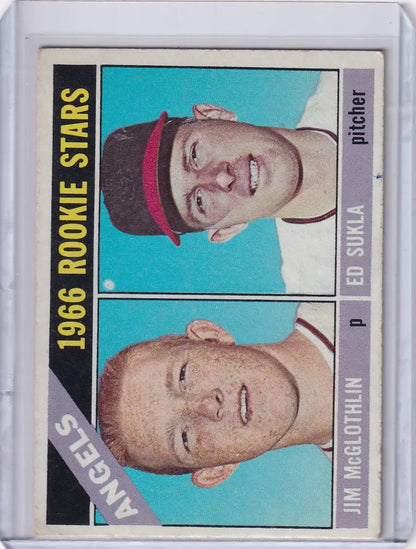 Vintage Topps Baseball card featuring Angels Rookies Jim McGlothlin and Ed Sukla