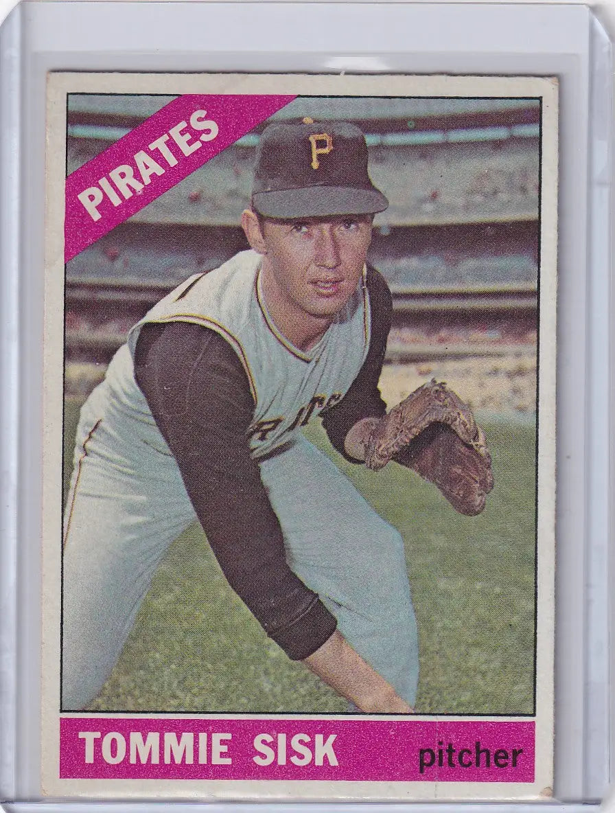 1966 Topps Baseball card of Tommie Sisk in pitching stance for Pittsburgh Pirates