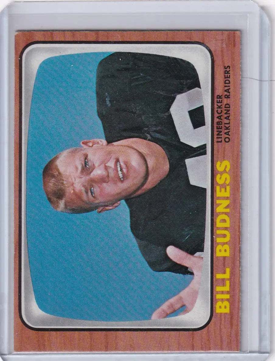 Vintage 1966 Topps Football card featuring Bill Budness - Oakland Raiders design