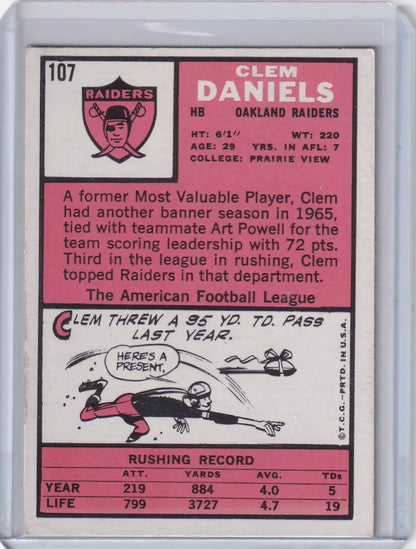 Vintage 1962 Topps Football trading card of Clem Daniels, Oakland Raiders player