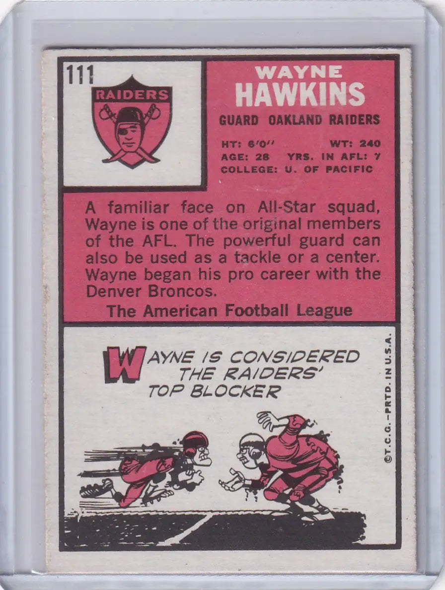 Vintage Topps Football card of Wayne Hawkins, Oakland Raiders player with stats and illustrations