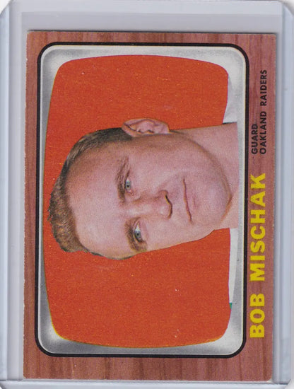 Vintage Topps Football card of Bob Mischak featuring Oakland Raiders on orange background