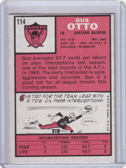 Vintage 1966 Topps Football Gus Otto trading card for Oakland Raiders with player stats