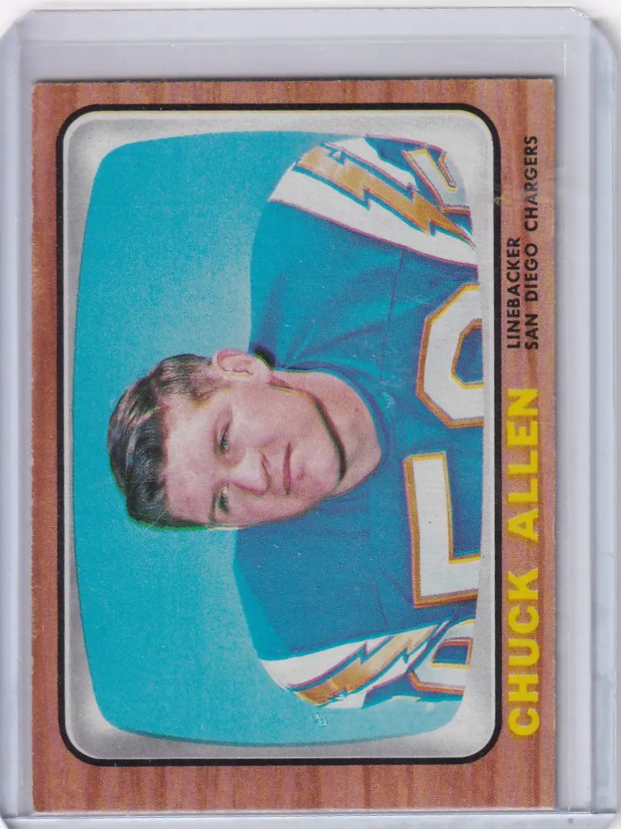 Vintage 1966 Topps Football Chuck Allen card featuring San Diego Chargers against turquoise background