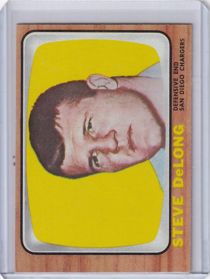 Vintage 1966 Topps Football card of Steve DeLong with San Diego Chargers background