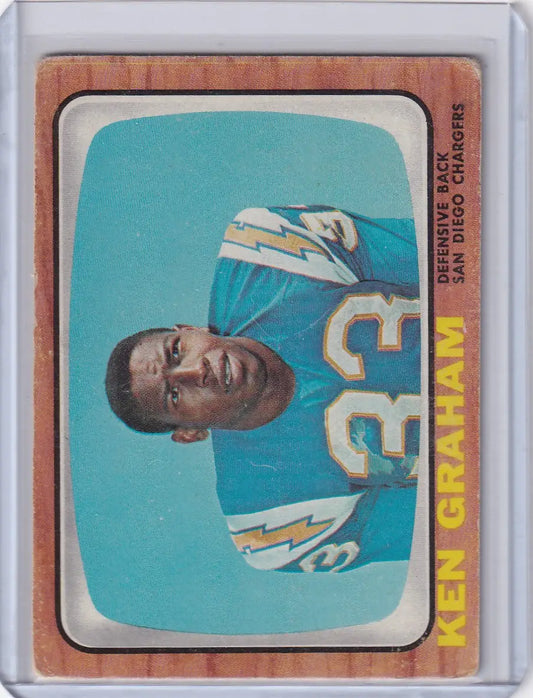 Vintage 1966 Topps Football card of Kenny Graham from San Diego Chargers jersey number 32