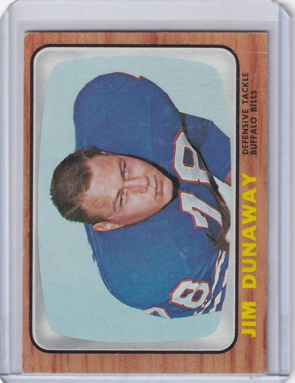 Vintage Topps Football card of Jim Dunaway in blue Buffalo Bills uniform number 14