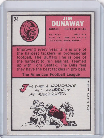 Vintage Topps Football card of Jim Dunaway with Buffalo Bills design in pink and black