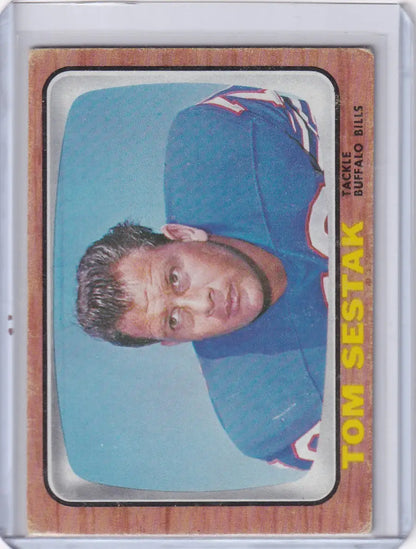 Vintage 1966 Topps Football card of Tom Sestak in a Buffalo Bills jersey