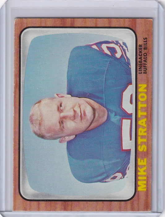 Vintage Topps Football trading card of Mike Stratton, Buffalo Bills player in blue jersey