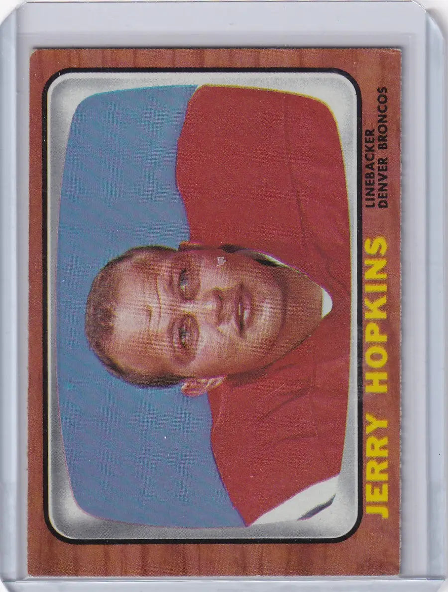 Vintage 1966 Topps Football card of Jerry Hopkins in red jersey for Denver Broncos