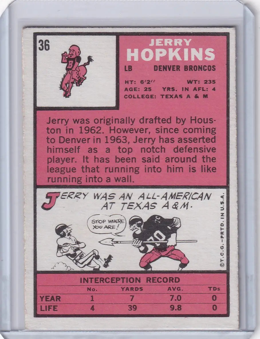 Vintage Topps Football card of Jerry Hopkins, Denver Broncos with cartoons and stats