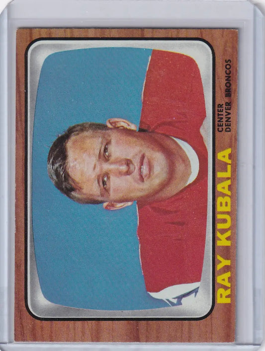 Vintage Topps Football card of Ray Kubala in Denver Broncos red jersey against blue backdrop