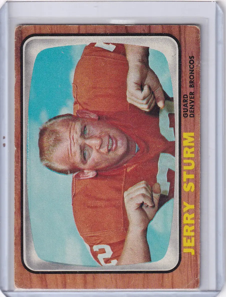 Vintage 1966 Topps Football card of Jerry Sturm in a red Denver Broncos jersey