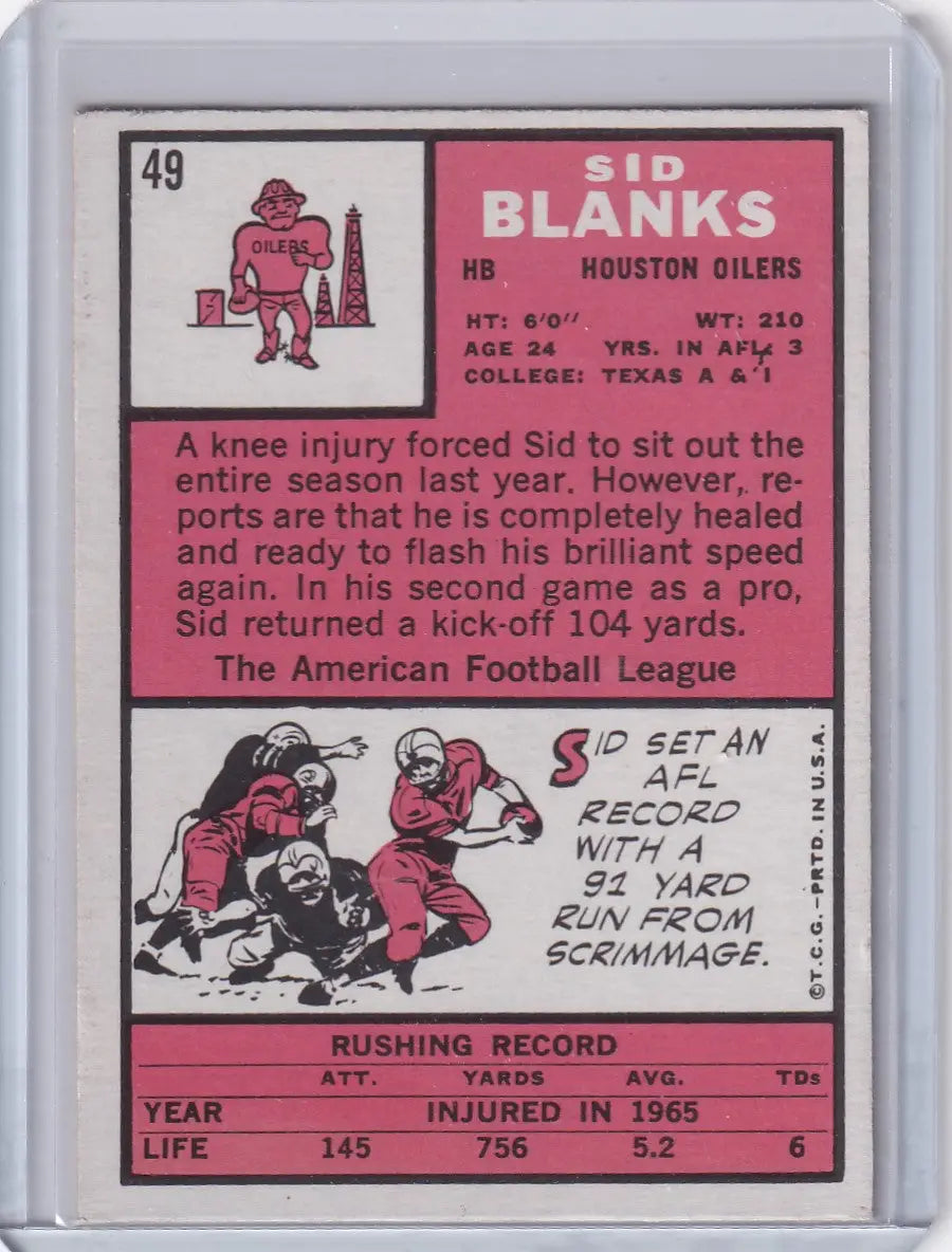 Vintage Topps Football card of Sid Blanks from Houston Oilers with player stats