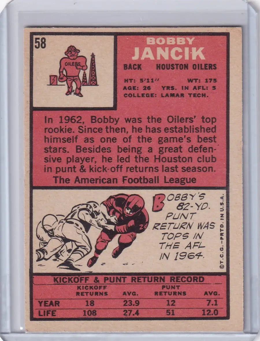 Vintage 1963 Topps Football card of Bobby Jancik featuring Houston Oilers stats and illustrations