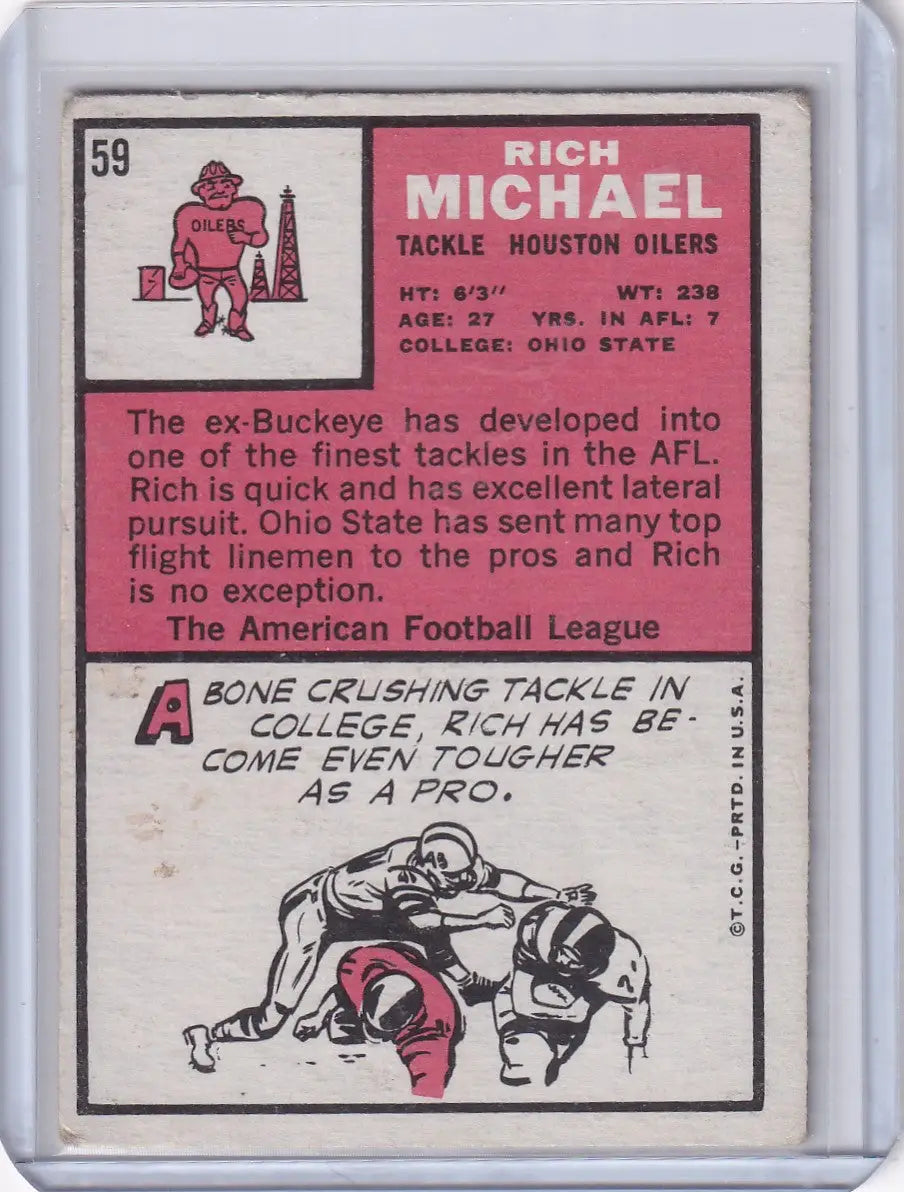 Vintage 1973 Topps Football card of Rich Michael, Houston Oilers player with cartoon art