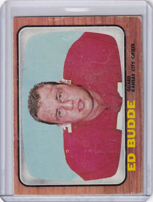 Vintage 1966 Topps Football card of Ed Budde, Kansas City Chiefs player in red jersey