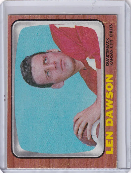 Vintage 1966 Topps Football card of Len Dawson from Kansas City Chiefs with brown border