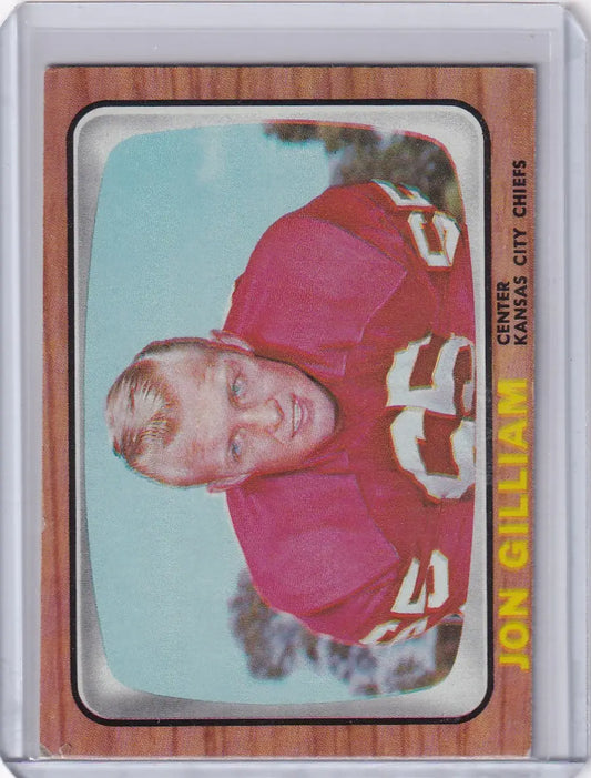 Vintage Topps Football card of Jon Gilliam, Kansas City Chiefs player in red jersey