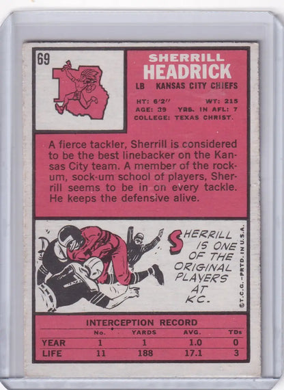 Vintage 1969 Topps Football card of Sherrill Headrick, Kansas City Chiefs linebacker