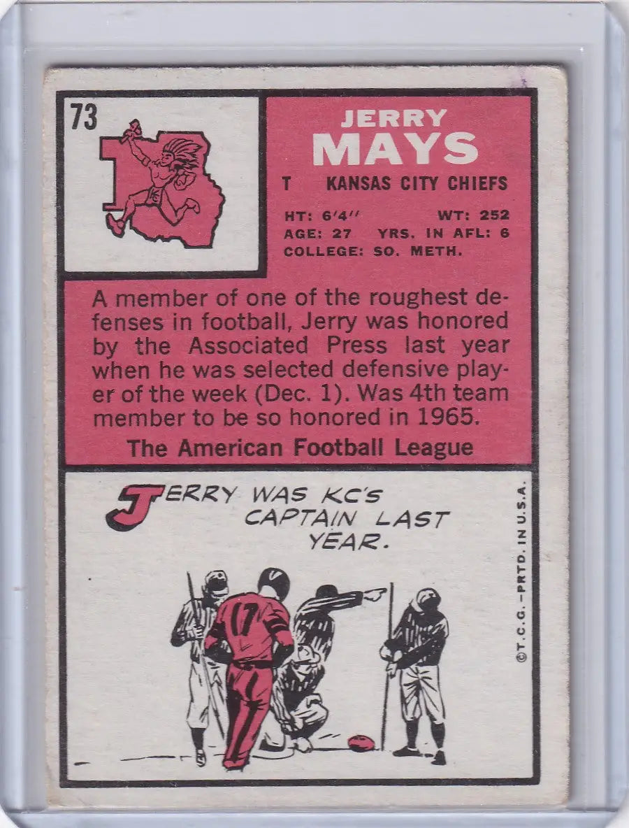 Vintage Topps Football card of Jerry Mays with Kansas City Chiefs and pink illustrations