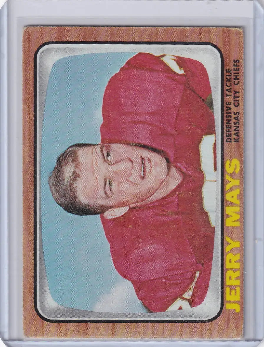 Vintage 1966 Topps Football card of Jerry Mays in Kansas City Chiefs red jersey