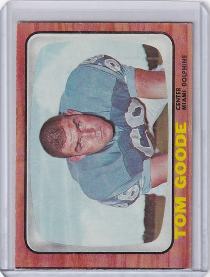 Vintage 1966 Topps Football card of Tom Goode in Miami Dolphins light blue uniform