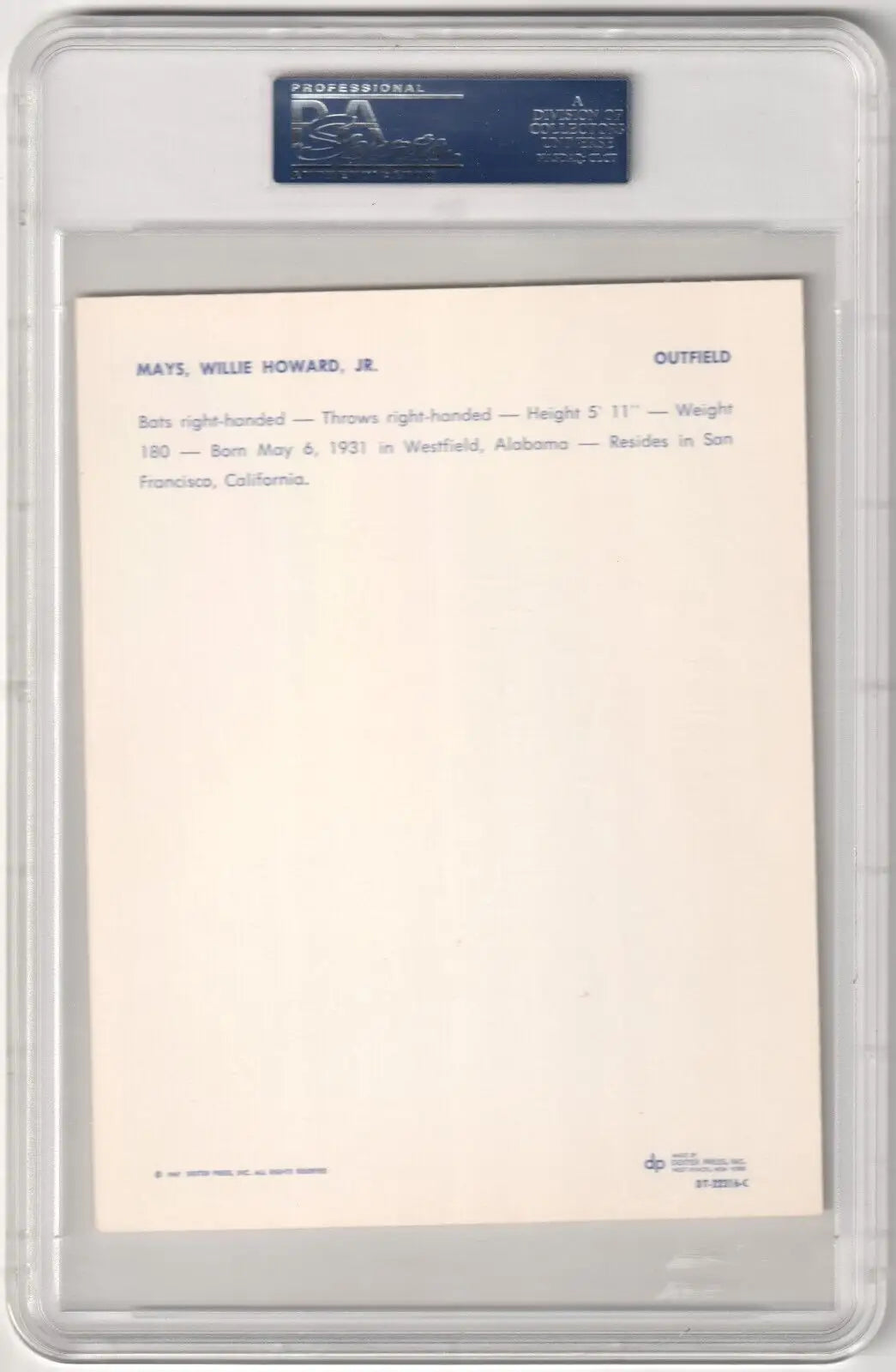 White index card in protective sleeve showcasing 1967 Dexter Press Premiums Willie Mays single cards