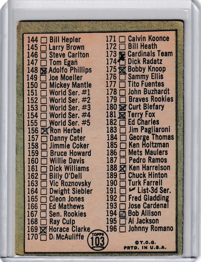 Vintage Mickey Mantle checklist from 1967 Topps 2nd Series featuring player names