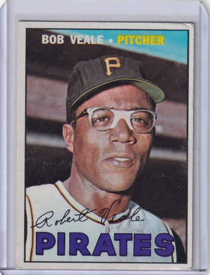 Topps Baseball card of Bob Veale, Pittsburgh Pirates pitcher in cap and glasses