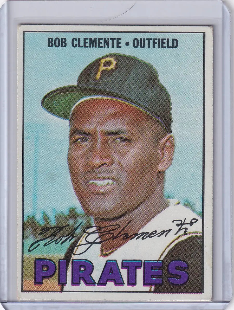 1967 Topps Baseball card of Roberto Clemente, Pittsburgh Pirates outfielder in team cap