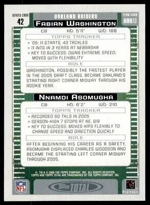 Football card back of 1968 2006 Topps Total Fabian Washington Nnamdi Asomugha OAK13