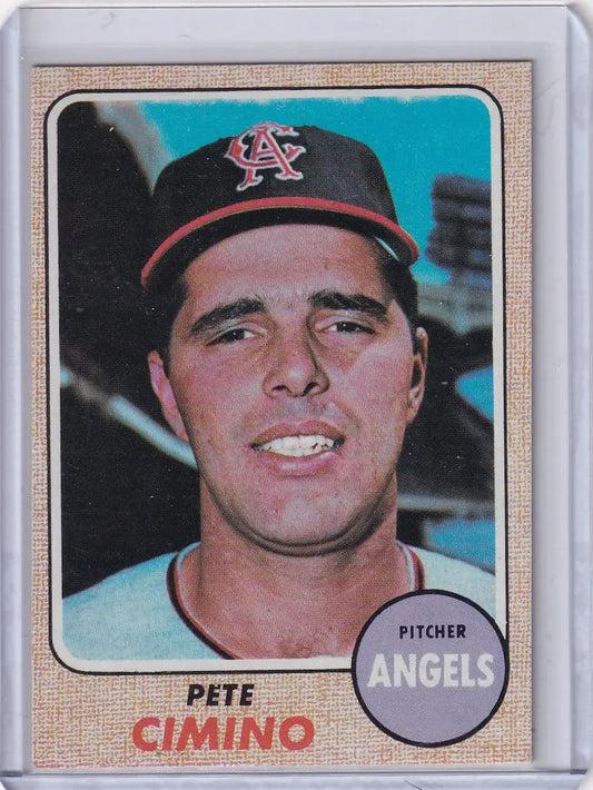 Baseball card of Pete Cimino in California Angels cap, Topps Baseball 1968