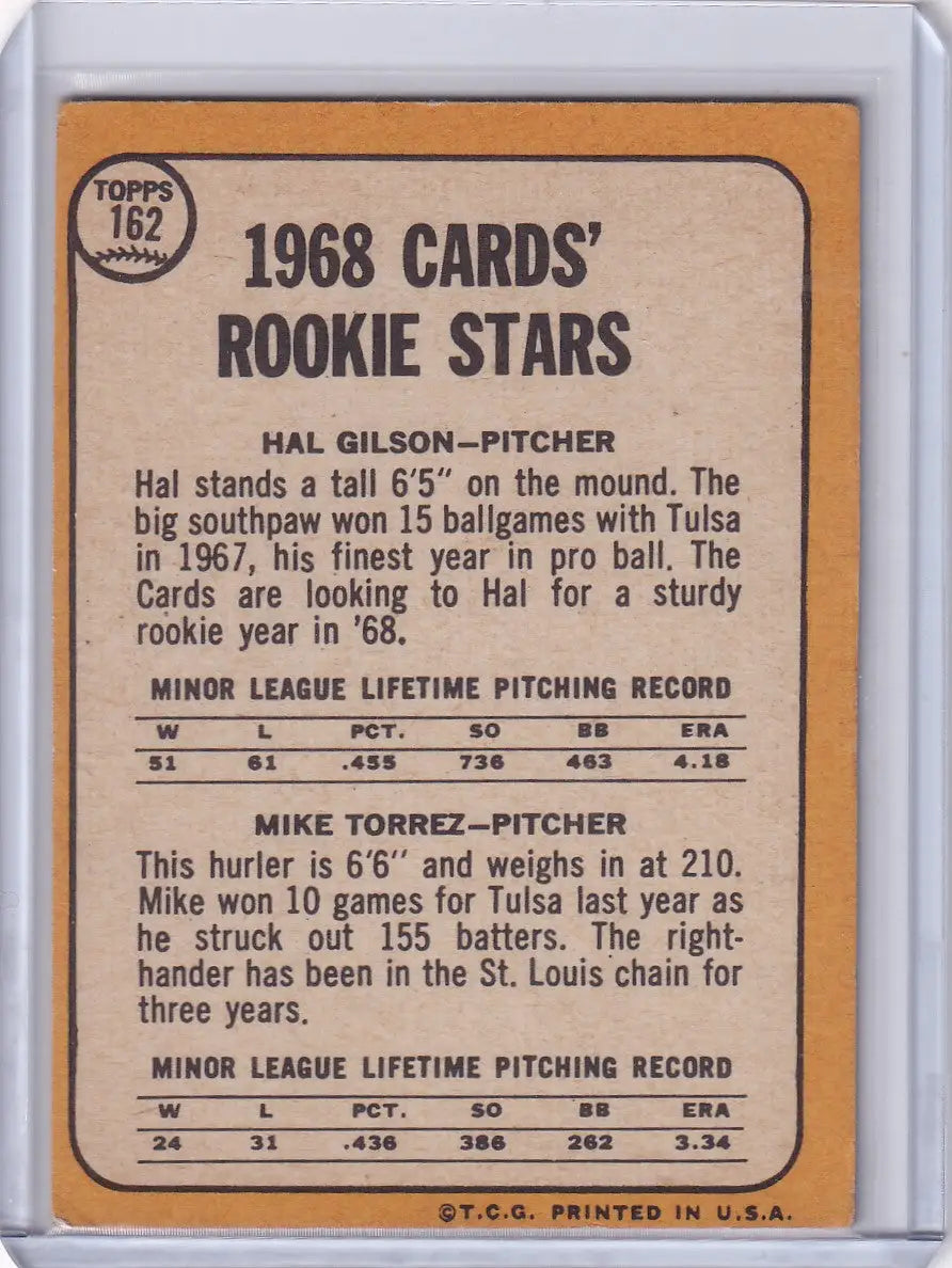 Vintage Topps Baseball card featuring 1968 Cardinals Rookies Hal Gilson and Mike Torrez RC