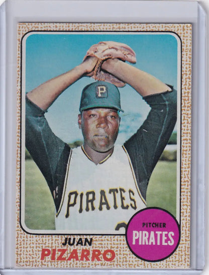 1968 Topps Baseball card of Juan Pizarro, Pittsburgh Pirates pitcher in wind-up pose